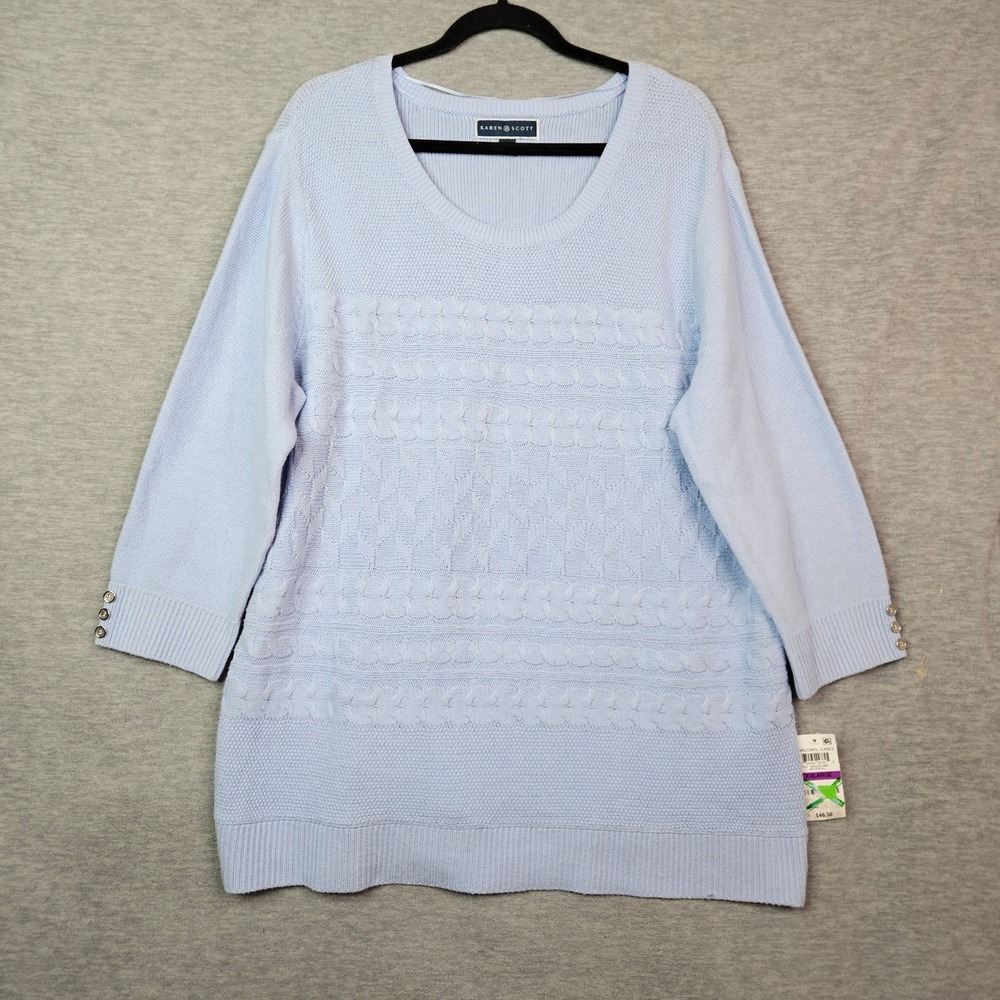 Karen Scott Waterfall Blue Horizontal Cable Knit 3/4 Sleeve Sweater XXL NEW